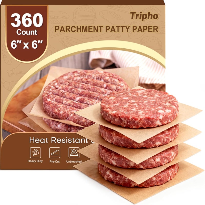 Tripho 360 Count 6"x 6" Heavy Duty Patty Paper Sheets for Separating Patty, No-Stick & No-Leak Unbleached Parchment Paper Squares, Pre-cut Burger Patty Paper for Oven, Air Fryer, Microwave - Image 1