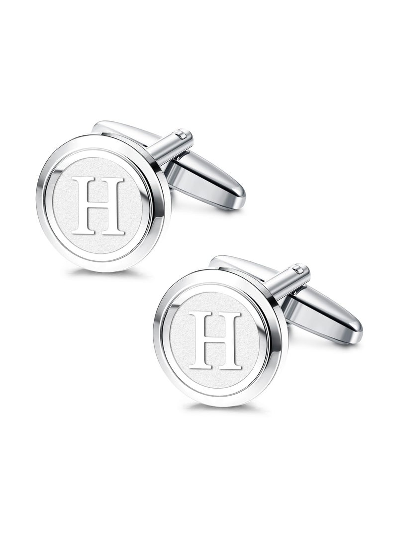 1 Pair Mens Classic Stainless Steel Initial Cufflinks 26 Alphabet Initial Letter Cufflinks Business Wedding Shirts (Silvery Letter H) - Image 1