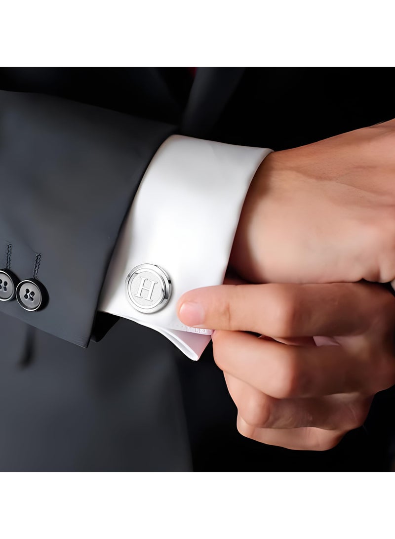 1 Pair Mens Classic Stainless Steel Initial Cufflinks 26 Alphabet Initial Letter Cufflinks Business Wedding Shirts (Silvery Letter H) - Image 4