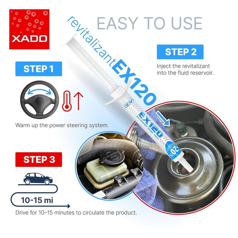 XADO Power Steering Fluid Oil Additive EX120 Metal Repair Conditioner and Revitalizant for Steering Wheel Booster and Hydraulic Equipment Protective Fluid Treatment from Wear Syringe 8 ml - Image 5