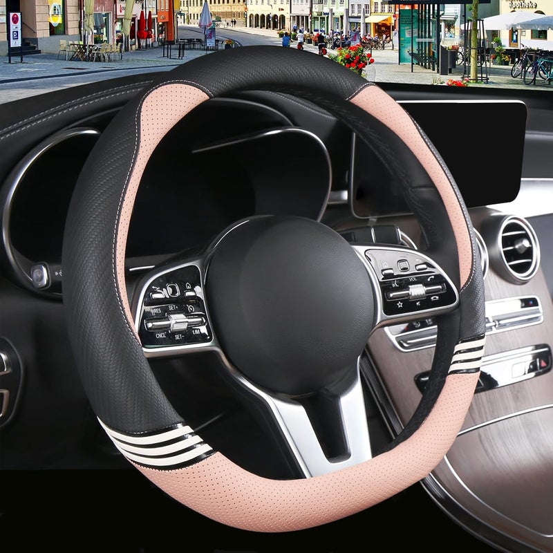 Binsheo Cute Steering Wheel Cover D Shape for Women Men Breathable Universal 15 inch,Black and Pink - Image 2