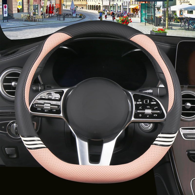 Binsheo Cute Steering Wheel Cover D Shape for Women Men Breathable Universal 15 inch,Black and Pink - Image 1