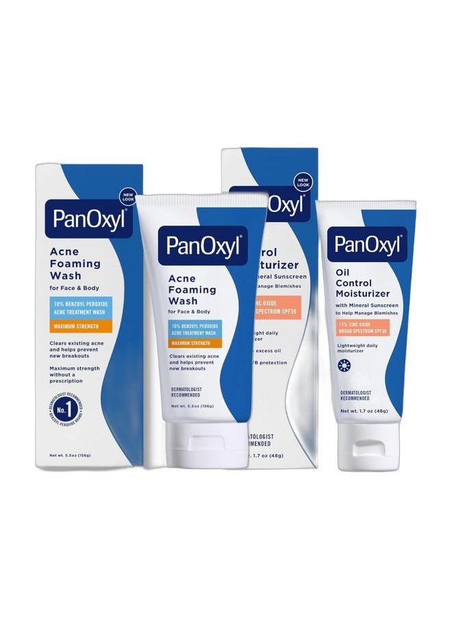 PanOxyl Acne Foaming Wash, Peroxide 10% Maximum Strength 5.5 Oz + Oil Control Moisturizer SPF30, 48grams  - Image 1