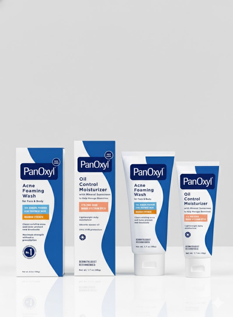 PanOxyl Acne Foaming Wash, Peroxide 10% Maximum Strength 5.5 Oz + Oil Control Moisturizer SPF30, 48grams - Image 1