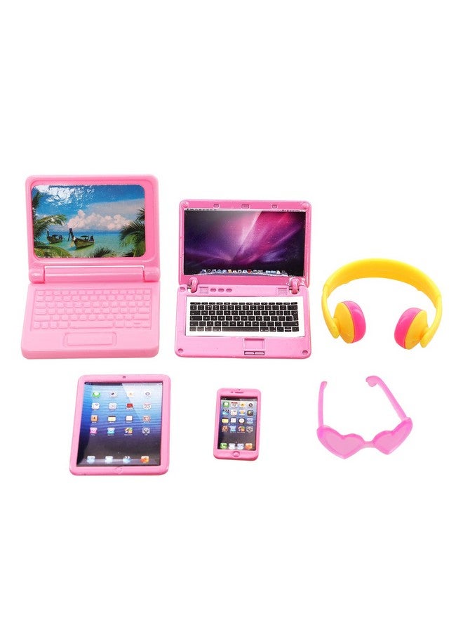Miunana Miunana Doll Accessories and Dollhouse Set with Mini Computer Phone Headset Sunglasses Set Dollhouse 5 Pcs Kit Metal Dollhouse Computer Set - Image 1