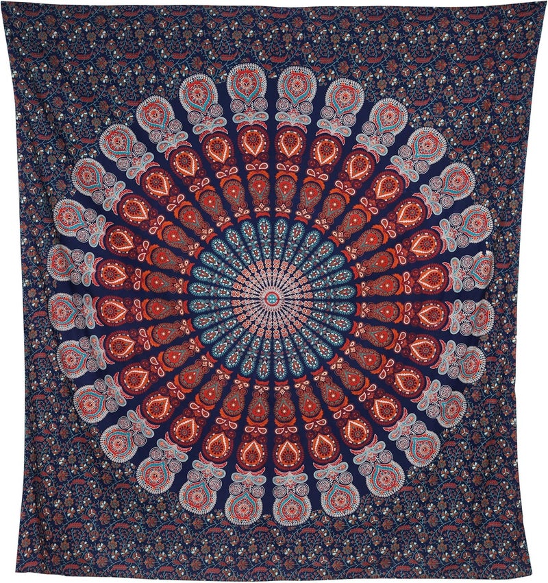 Bless International Indian hippie Bohemian Psychedelic Peacock Mandala Wall hanging Bedding Tapestry (Golden Blue White, Queen (84x90Inches)(215x230Cms)) - Image 3