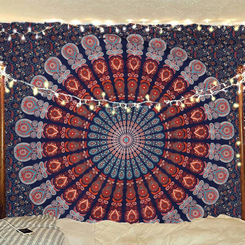 Bless International Indian hippie Bohemian Psychedelic Peacock Mandala Wall hanging Bedding Tapestry (Golden Blue White, Queen (84x90Inches)(215x230Cms)) - Image 5