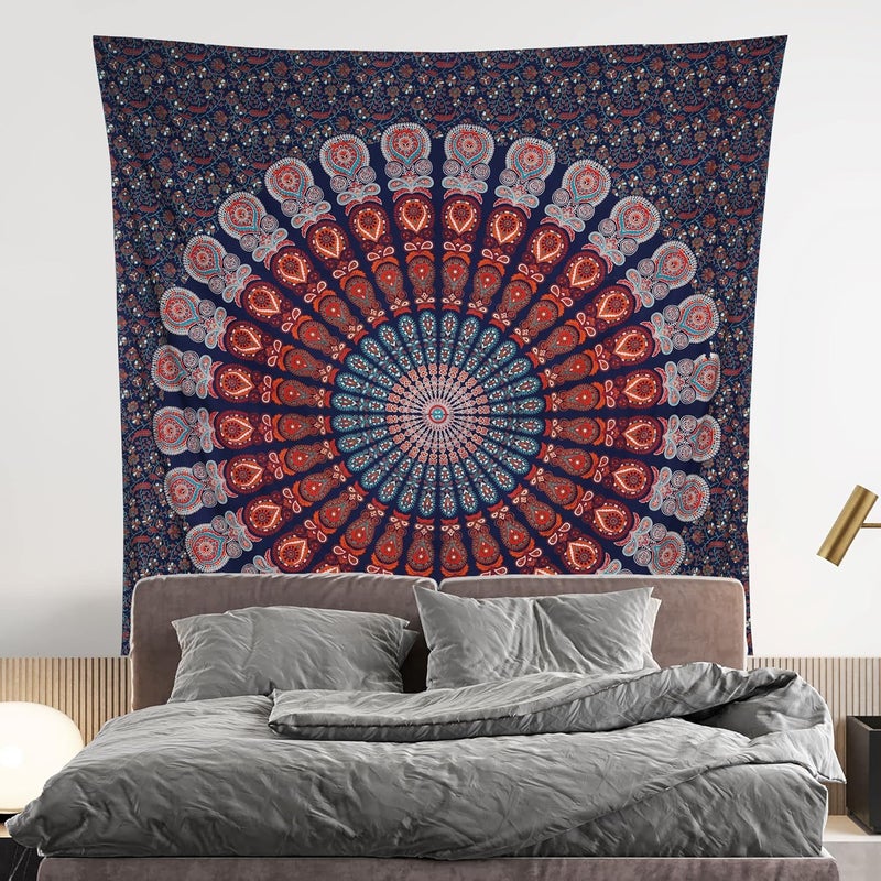 Bless International Indian hippie Bohemian Psychedelic Peacock Mandala Wall hanging Bedding Tapestry (Golden Blue White, Queen (84x90Inches)(215x230Cms)) - Image 2