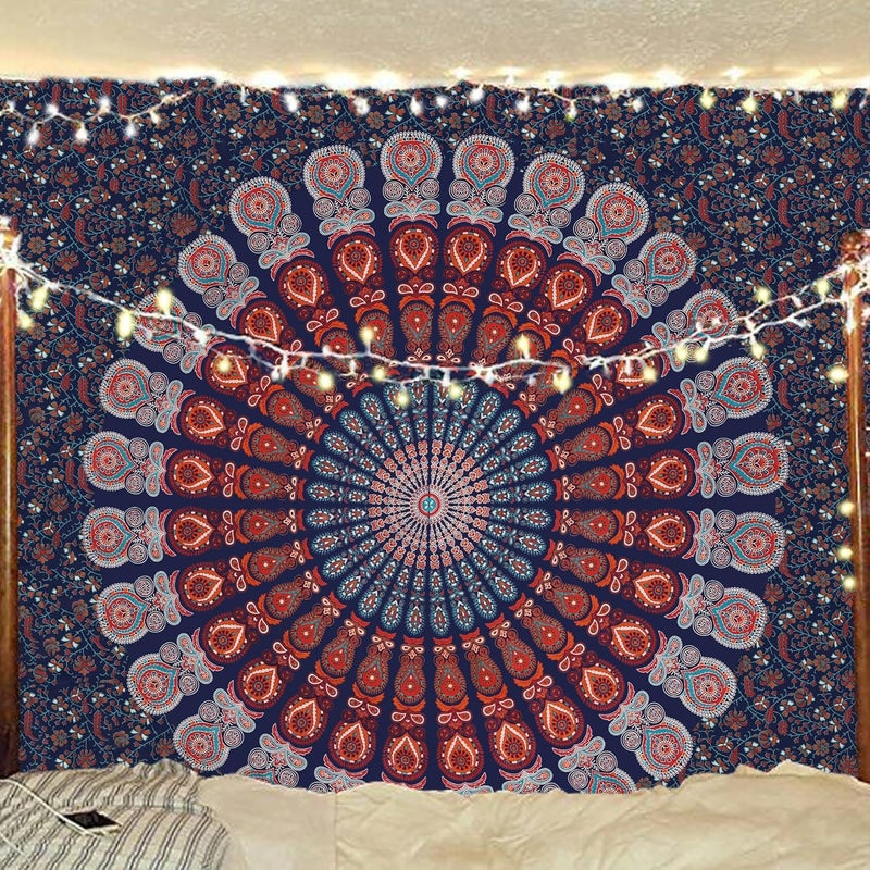 Bless International Indian hippie Bohemian Psychedelic Peacock Mandala Wall hanging Bedding Tapestry (Golden Blue White, Queen (84x90Inches)(215x230Cms)) - Image 1