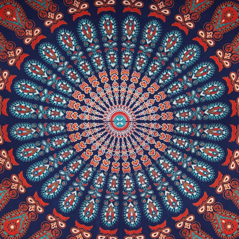 Bless International Indian hippie Bohemian Psychedelic Peacock Mandala Wall hanging Bedding Tapestry (Golden Blue White, Queen (84x90Inches)(215x230Cms)) - Image 4