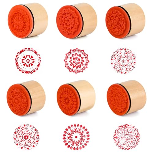 Oytra Rubber Stamps Wooden Block Round Lace Stamp Set of 6 Art Craft Journal for Bullet Journal Journaling Painting Printing Scrapbooking Home Decor Supplies (Lace Pattern Stamp Set) - Image 1