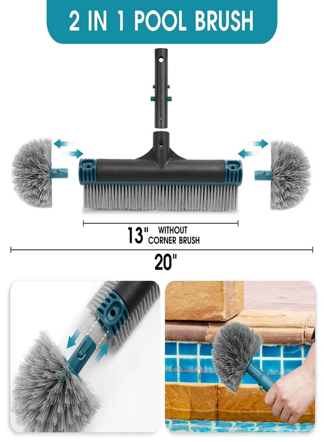 POOLWHALE 20'' Pool Brush Head, Detachable Pool Cleaning Brush with Durable Around Nylon Bristles, EZ Clip Aluminum Handle- Clean Swimming Pool Walls, Steps & Corners Faster - Image 2