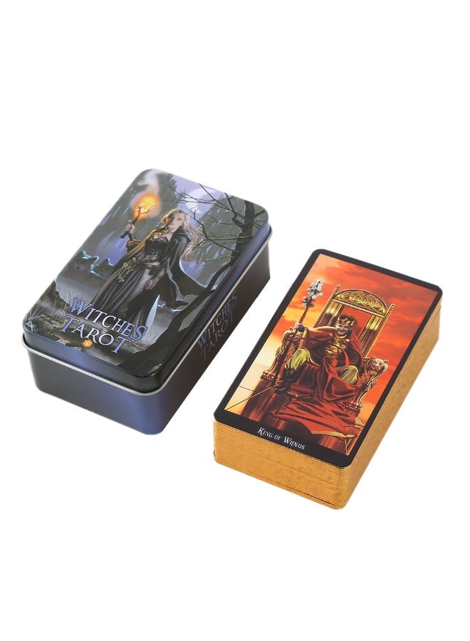NIBEMINENT The female witch tarot cards are packed in a metal box. The size is 10 cm × 6 cm. The game board is golden with an orange border. It comes with 78 cards and a paper instruction manual. - Image 1
