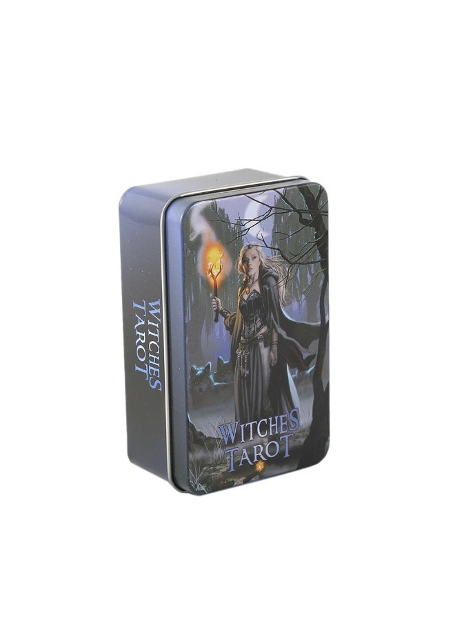 NIBEMINENT The female witch tarot cards are packed in a metal box. The size is 10 cm × 6 cm. The game board is golden with an orange border. It comes with 78 cards and a paper instruction manual. - Image 2