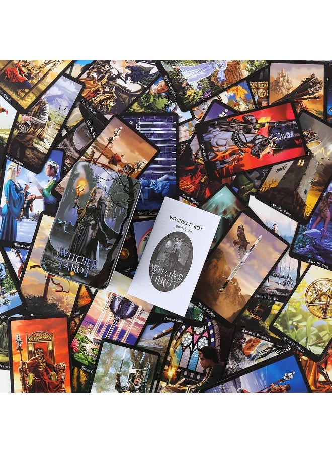 NIBEMINENT The female witch tarot cards are packed in a metal box. The size is 10 cm × 6 cm. The game board is golden with an orange border. It comes with 78 cards and a paper instruction manual. - Image 3