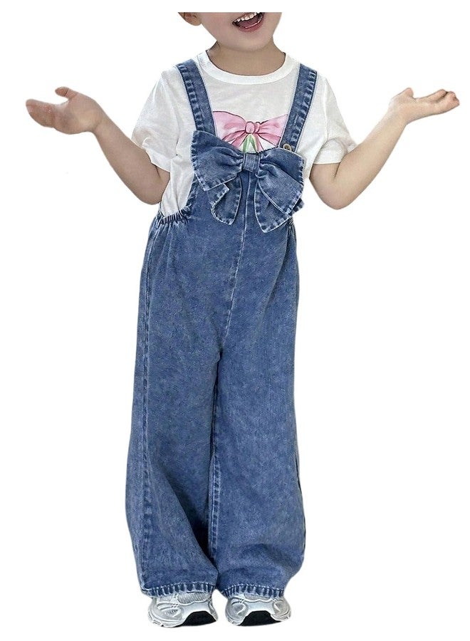 WDIRARA Toddler Girl's Cute Bow Overalls Sleeveless Wide Leg Denim Jumpsuit Light Wash 6Y - Image 1