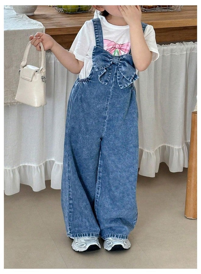 WDIRARA Toddler Girl's Cute Bow Overalls Sleeveless Wide Leg Denim Jumpsuit Light Wash 6Y - Image 3