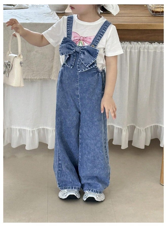 WDIRARA Toddler Girl's Cute Bow Overalls Sleeveless Wide Leg Denim Jumpsuit Light Wash 6Y - Image 4