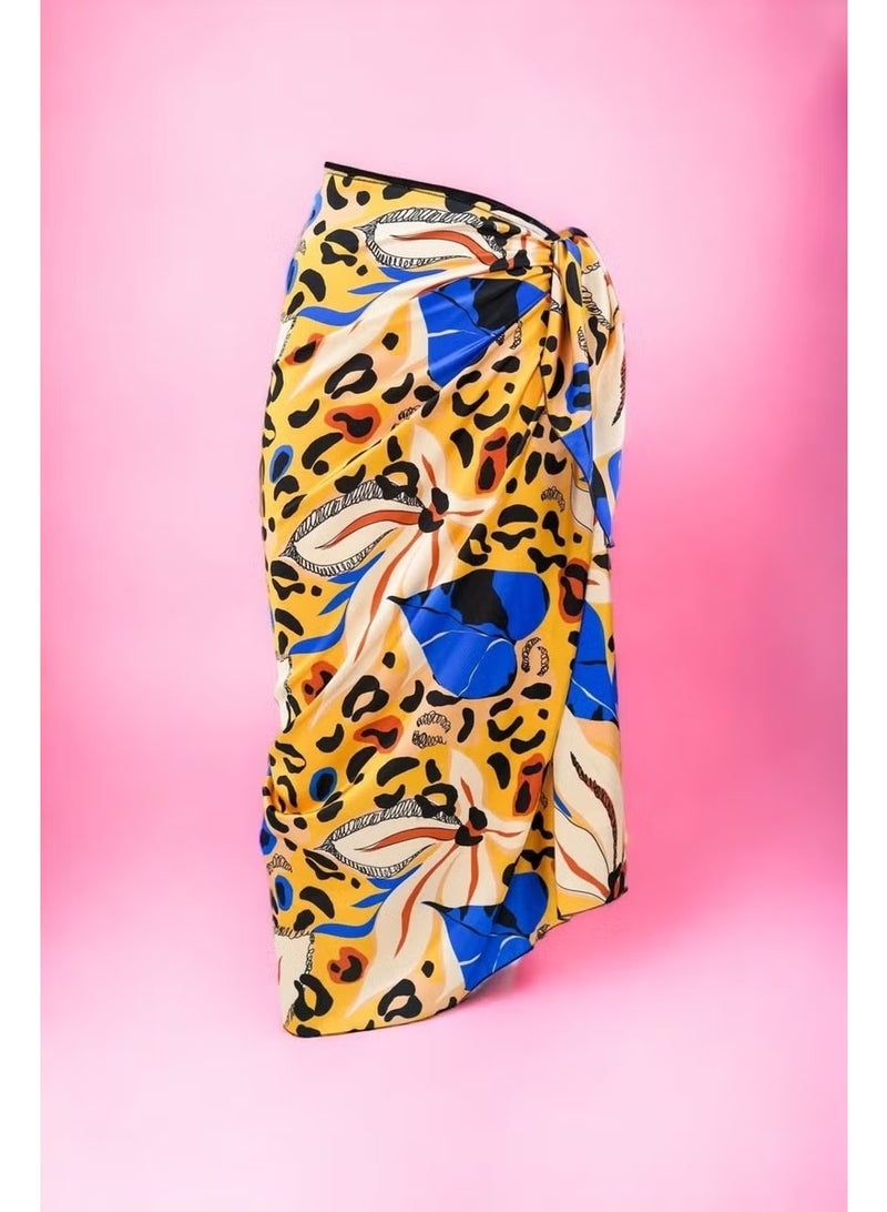Pistore Yellow Blue Floral and Leopard Patterned Long Pareo Satin Women's Beach Dress New Season - Image 1