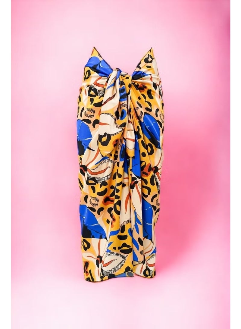 Pistore Yellow Blue Floral and Leopard Patterned Long Pareo Satin Women's Beach Dress New Season - Image 2