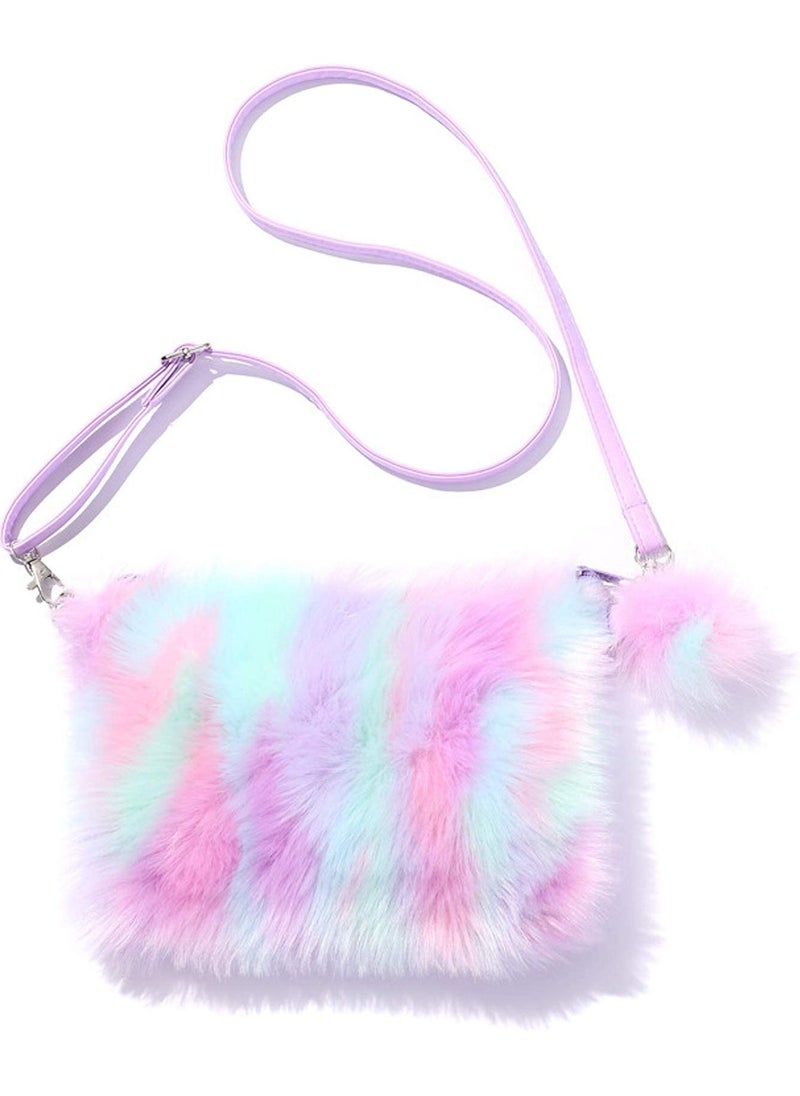 Kids Girls Fluffy Crossbody Plush Tie Dye Rainbow Shoulder Bag Handbag - Image 1