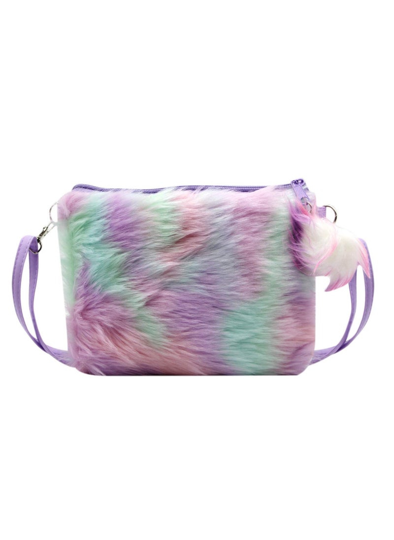 Kids Girls Fluffy Crossbody Plush Tie Dye Rainbow Shoulder Bag Handbag - Image 3