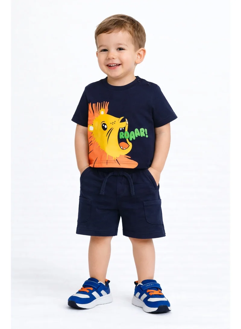 فكتور اند جين Boys' 2pcs Roaring Lion Round Neck T-Shirt and Shorts Set