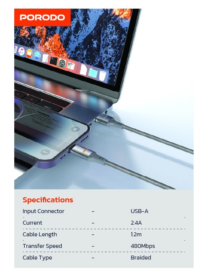 porodo - USB-A to Lightning Cable 1.2m with LED Light / Universal Compatibility / Durable Braided Wire / High Speed Transfer and Charging - Grey - Image 1