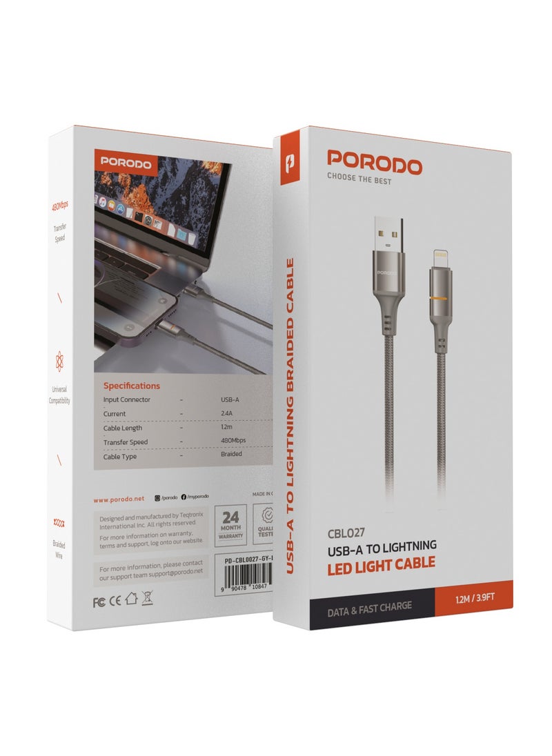 porodo - USB-A to Lightning Cable 1.2m with LED Light / Universal Compatibility / Durable Braided Wire / High Speed Transfer and Charging - Grey - Image 1