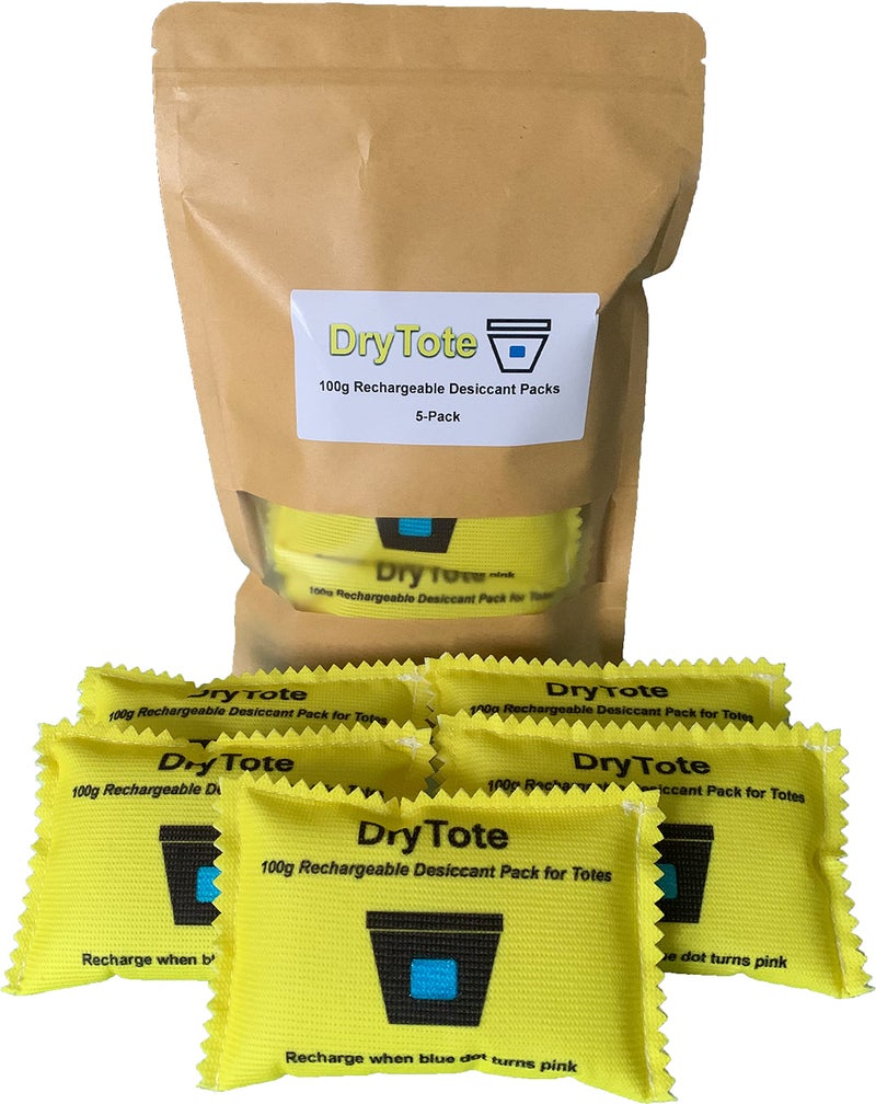 DryTote Rechargeable Desiccant Pack (Pack of 5), Ultimate Moisture Absorption, Color Change Indicator, Safe Storage Protection, Large Capacity 200 Gallons, 100g, Yellow - Image 1