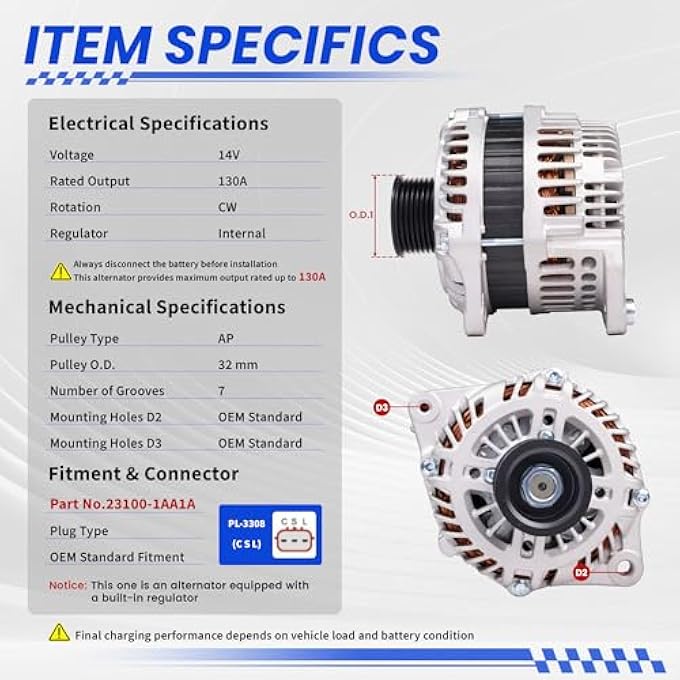 TSSLIIN Alternator For/Nissan Murano 2009-2014,Maxima 2009-2014 2016-2020,Quest 2011-2017 3.5L V6, 12V 130Amp CW 7-Groove Pulley Upgraded High Output Alternador 23100-1AA1A - Image 3