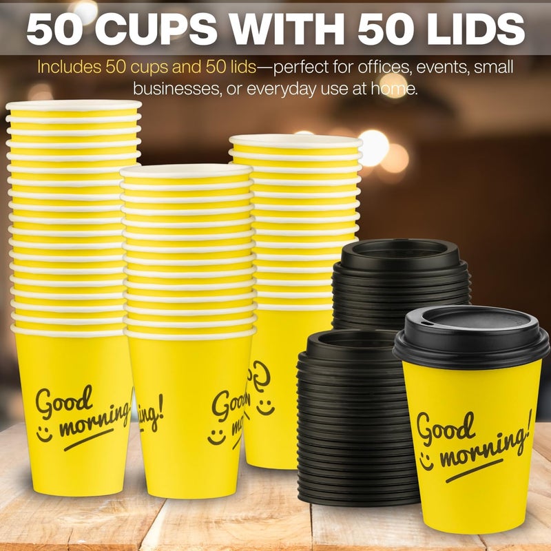 Smygoods أكواب قهوة ورقية سعة 12 أونصة مع أغطية، أكواب ساخنة يمكن التخلص منها سعة 12 أونصة، كوب للاستخدام الخارجي مع غطاء للمنزل والمطعم والمتجر والمقهى، أصفر ساطع "صباح الخير!"، عبوة من 50 قطعة - Image 4