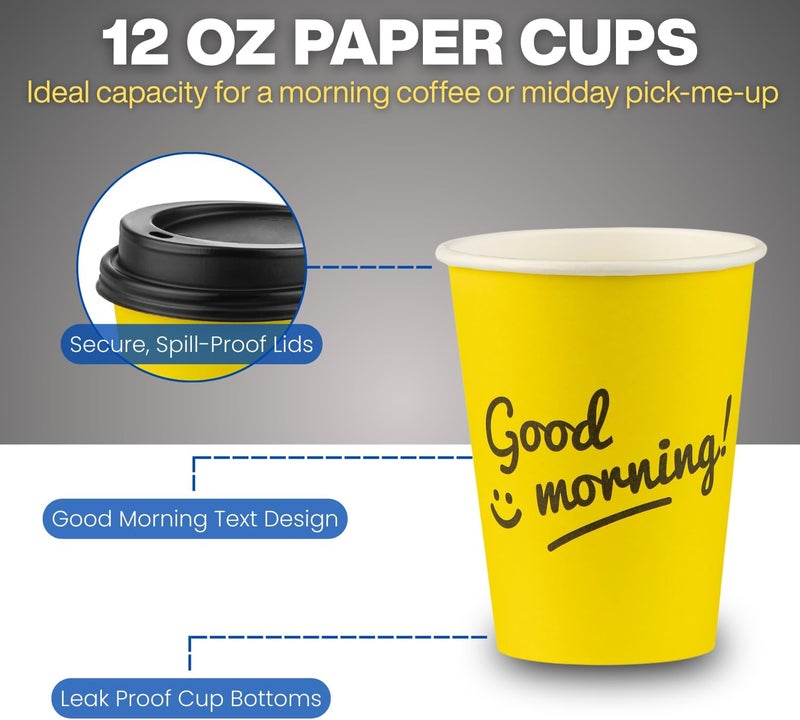 Smygoods أكواب قهوة ورقية سعة 12 أونصة مع أغطية، أكواب ساخنة يمكن التخلص منها سعة 12 أونصة، كوب للاستخدام الخارجي مع غطاء للمنزل والمطعم والمتجر والمقهى، أصفر ساطع "صباح الخير!"، عبوة من 50 قطعة - Image 5