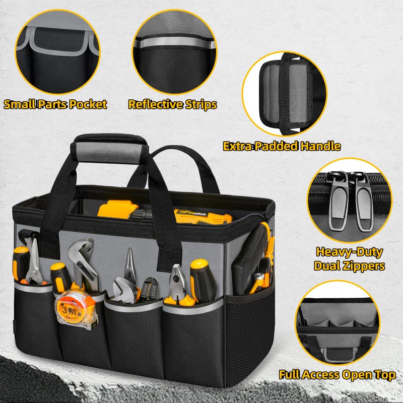 NECKORY Tool Bag, Portable Tool Box Organizer Adjustable Shoulder Strap, Carry Tool Tote Heavy Duty Tool Storage Bag With Wide Mouth,Tool Bags for Men Mechanic EngineerGift - L, Dark Grey & Black - Image 3