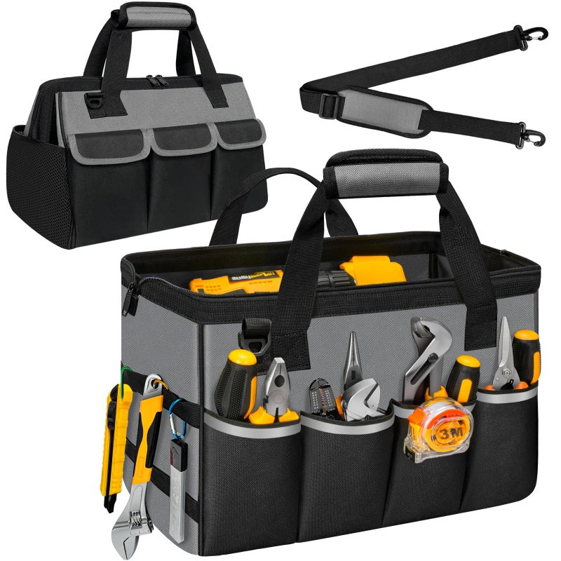 NECKORY Tool Bag, Portable Tool Box Organizer Adjustable Shoulder Strap, Carry Tool Tote Heavy Duty Tool Storage Bag With Wide Mouth,Tool Bags for Men Mechanic EngineerGift - L, Dark Grey & Black - Image 1