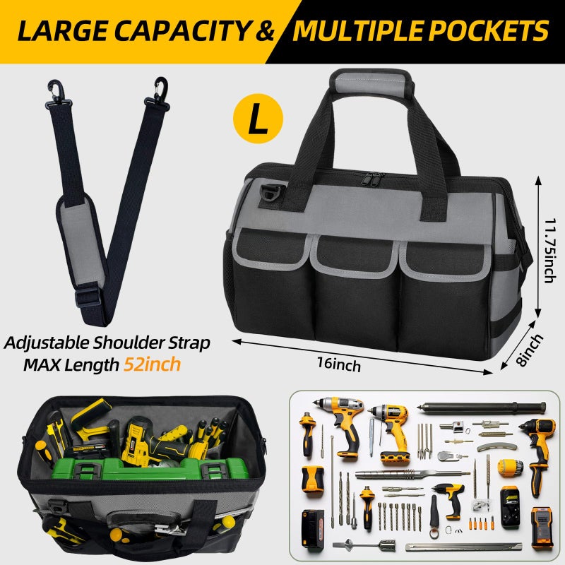 NECKORY Tool Bag, Portable Tool Box Organizer Adjustable Shoulder Strap, Carry Tool Tote Heavy Duty Tool Storage Bag With Wide Mouth,Tool Bags for Men Mechanic EngineerGift - L, Dark Grey & Black - Image 2