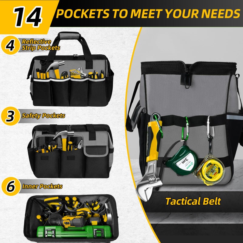 NECKORY Tool Bag, Portable Tool Box Organizer Adjustable Shoulder Strap, Carry Tool Tote Heavy Duty Tool Storage Bag With Wide Mouth,Tool Bags for Men Mechanic EngineerGift - L, Dark Grey & Black - Image 4