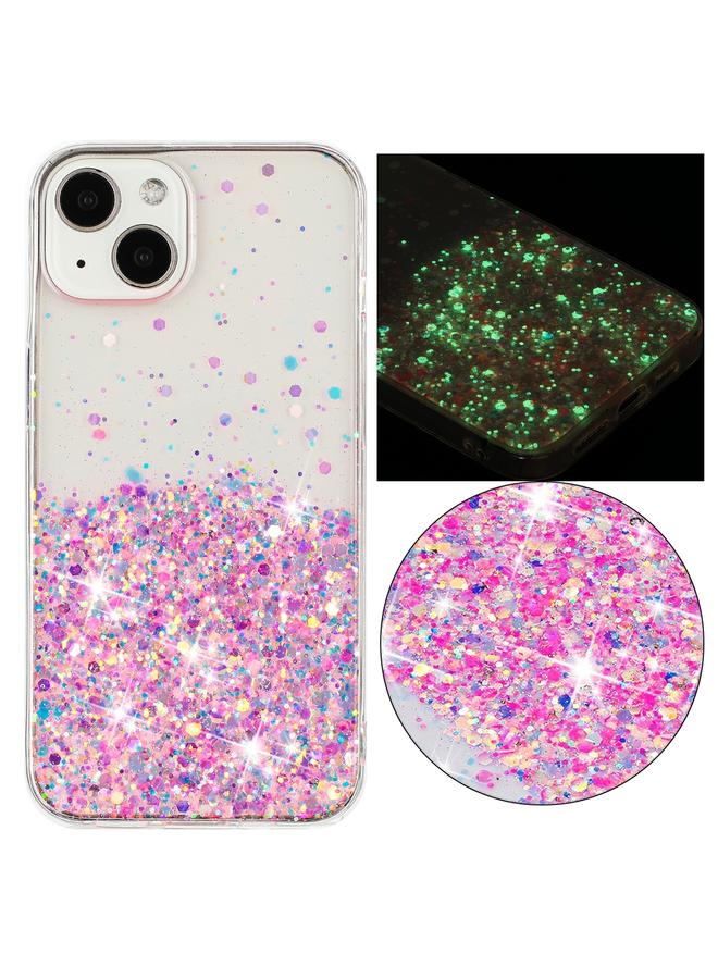 For iPhone 15 Transparent Frame Noctilucent Glitter Powder TPU Phone Case(Pink)