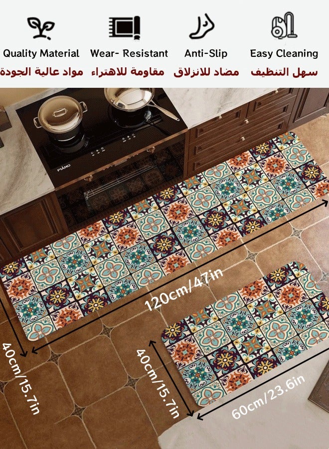 Kitchen Rug Mats Set, 2Pcs Vintage Floor Runner Mats Non-Slip Standing Mats Absorbent Carpets Front of Sink Mats 40x60cm + 40x120cm for Home Kitchen Bathrooms - Image 1