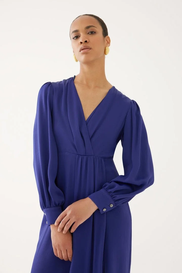 EXQUISE V-Neck Slit Detail Navy Blue Dress