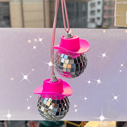 spansee 2 PCS Pink Disco Ball Cowboy Hat Car Accessory, Ball, Charm, Accessories for Women, Mini Car, Mirror Ornament - Image 1