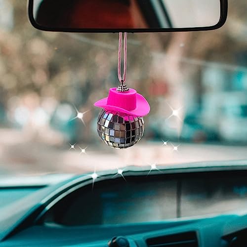spansee 2 PCS Pink Disco Ball Cowboy Hat Car Accessory, Ball, Charm, Accessories for Women, Mini Car, Mirror Ornament - Image 2