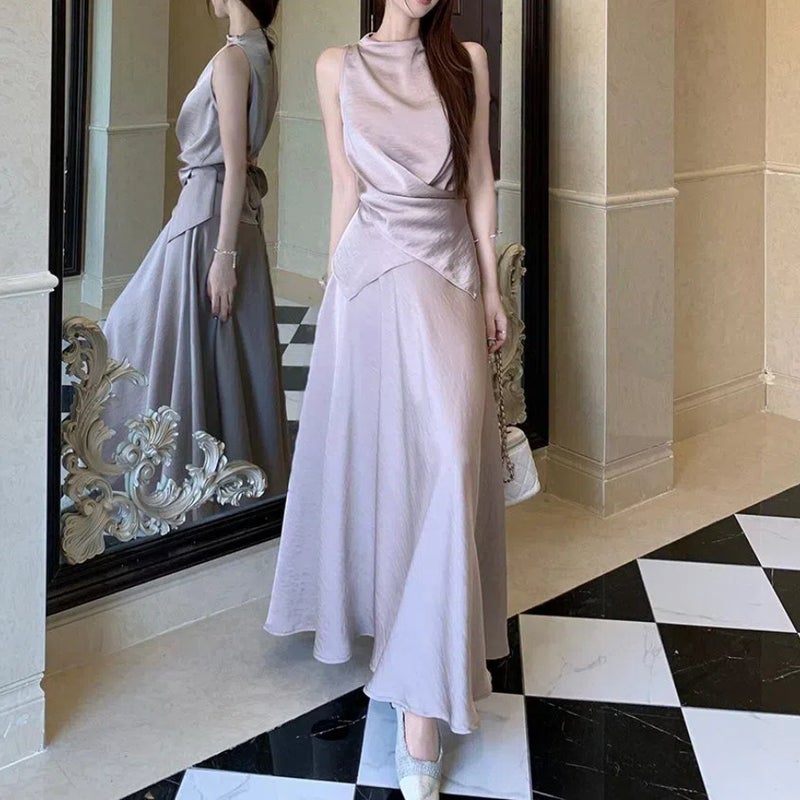 French Style Elegant Design Sense Irregular Satin Sleeveless Top Half Dress Womens 2025 Summer New Two-piece Set Sand camel sleeveless top + skirt suit