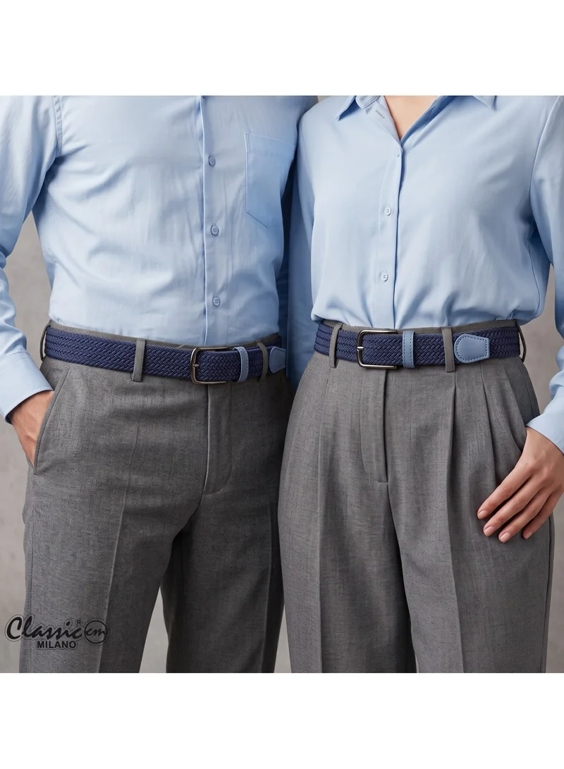 Classic Milano Blue (DWE-313) Classic Milano Braided Cotton Elastic Stretch Belt for Men & Women, Woven Canvas Web Belt with Gift Box, Adjustable Men's Belt | Full Length: 110CM (Free Size - Fits up to the waist of 40 Inches / 100 CM)  | Best Price UAE