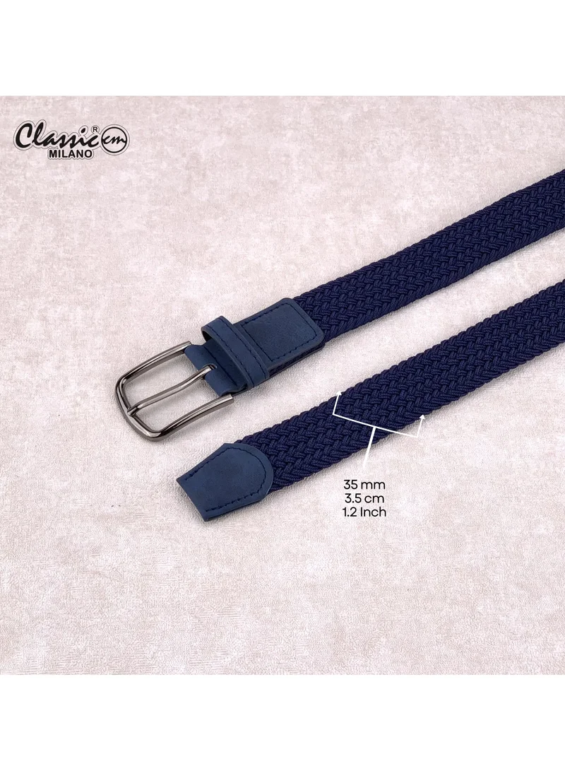 Classic Milano Blue (DWE-313) Classic Milano Braided Cotton Elastic Stretch Belt for Men & Women, Woven Canvas Web Belt with Gift Box, Adjustable Men's Belt | Full Length: 110CM (Free Size - Fits up to the waist of 40 Inches / 100 CM)  | Best Price UAE