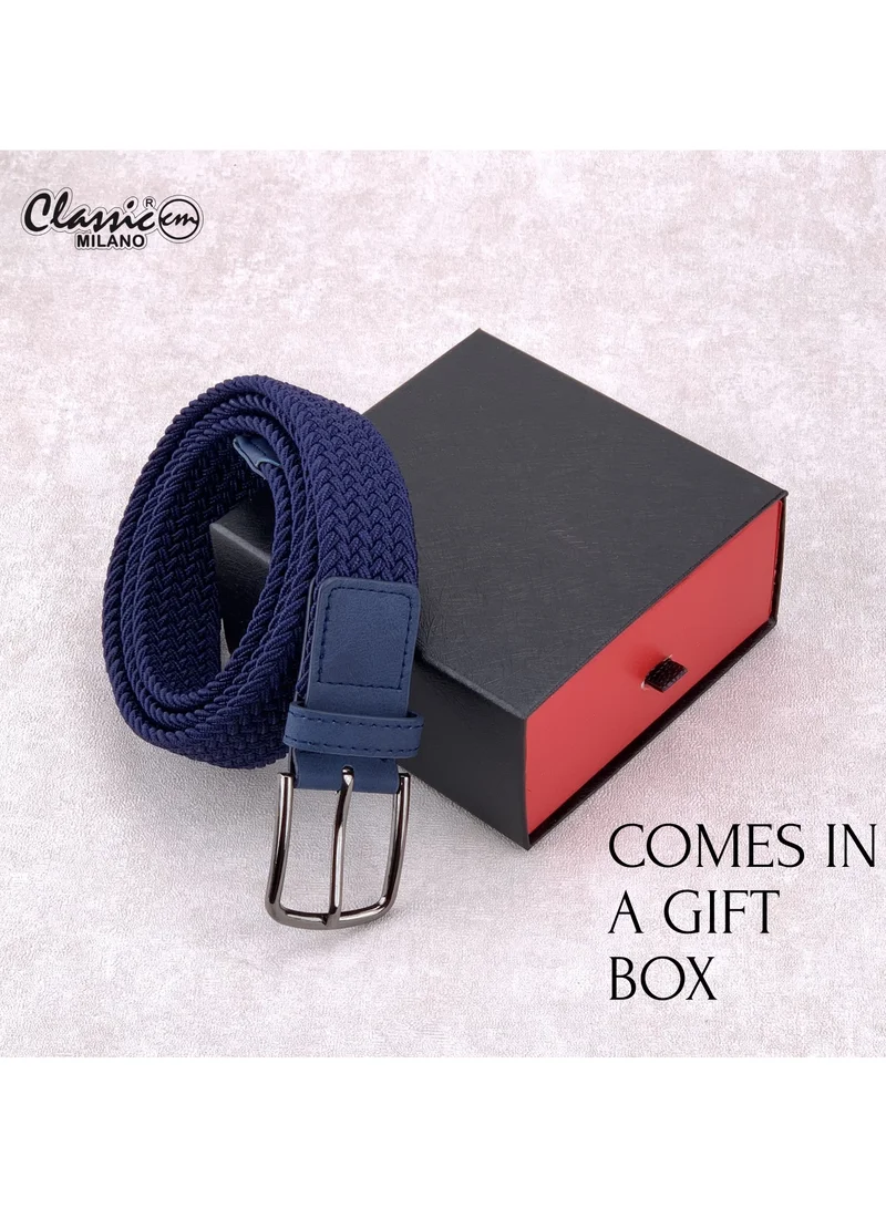 Classic Milano Blue (DWE-313) Classic Milano Braided Cotton Elastic Stretch Belt for Men & Women, Woven Canvas Web Belt with Gift Box, Adjustable Men's Belt | Full Length: 110CM (Free Size - Fits up to the waist of 40 Inches / 100 CM)  | Best Price UAE