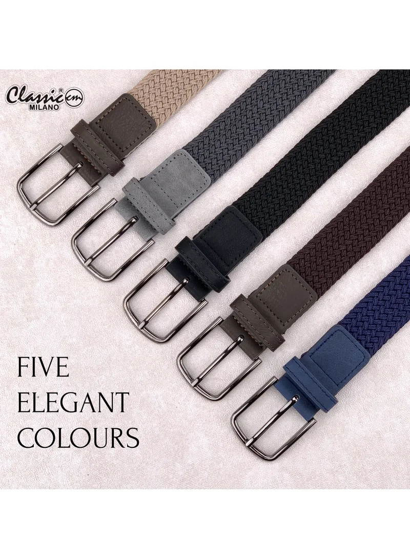 Classic Milano Blue (DWE-313) Classic Milano Braided Cotton Elastic Stretch Belt for Men & Women, Woven Canvas Web Belt with Gift Box, Adjustable Men's Belt | Full Length: 110CM (Free Size - Fits up to the waist of 40 Inches / 100 CM)  | Best Price UAE