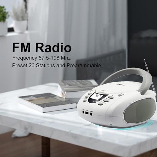 LONPOO CD Players Portable Boombox with FM Radio/USB/Bluetooth/AUX Input and Earphone Jack Output, Stereo Sound Speaker & Audio Player,White - Image 5