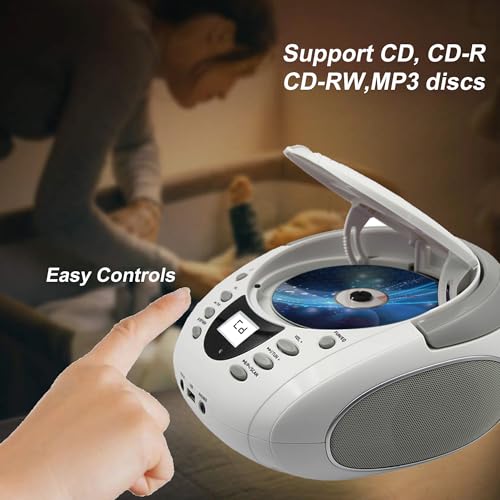 LONPOO CD Players Portable Boombox with FM Radio/USB/Bluetooth/AUX Input and Earphone Jack Output, Stereo Sound Speaker & Audio Player,White - Image 2