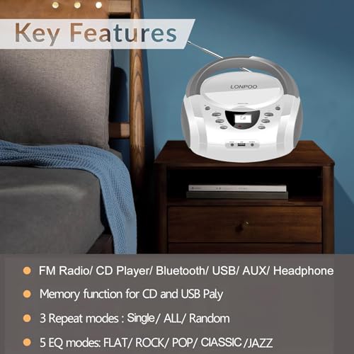 LONPOO CD Players Portable Boombox with FM Radio/USB/Bluetooth/AUX Input and Earphone Jack Output, Stereo Sound Speaker & Audio Player,White - Image 3